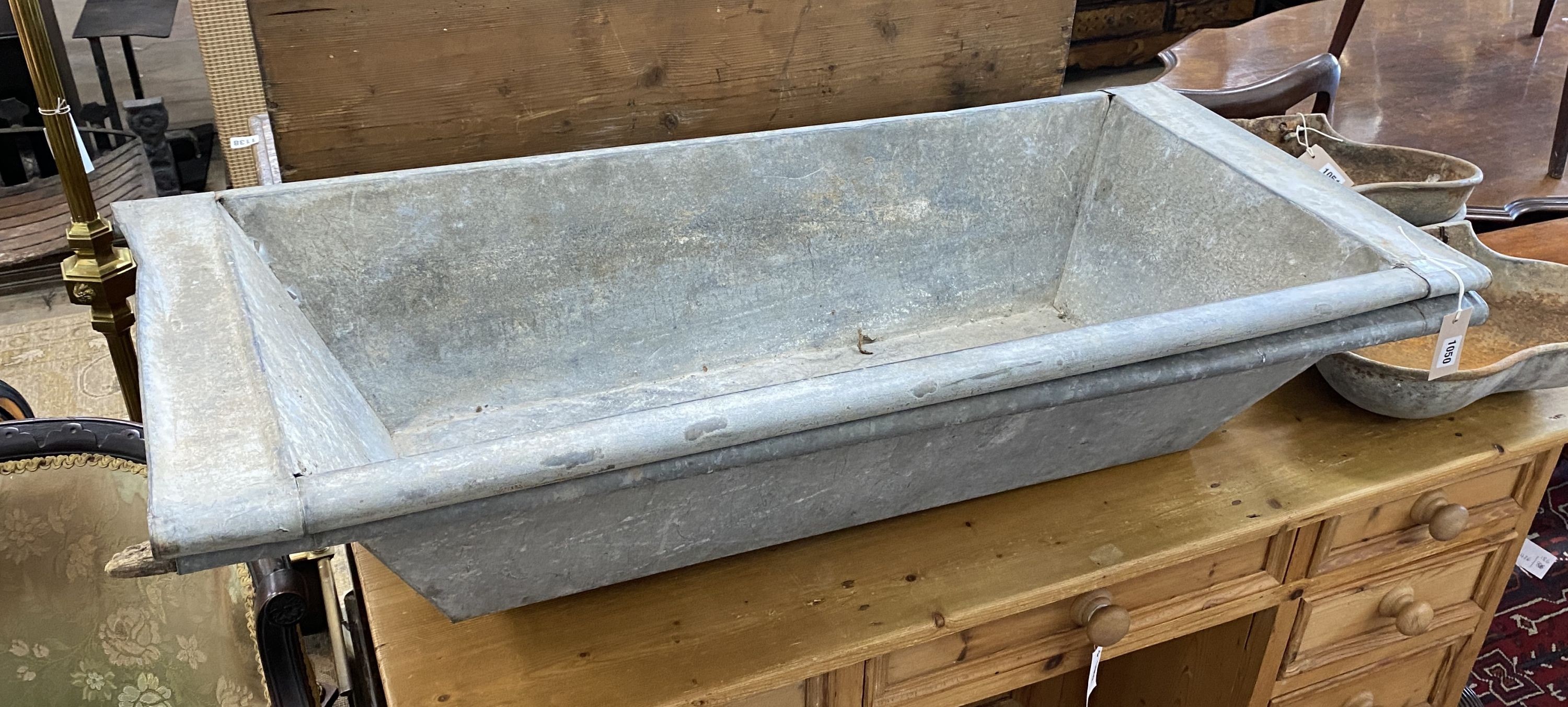 A pair of vintage rectangular galvanised troughs, width 111cm, depth 50cm, height 22cm